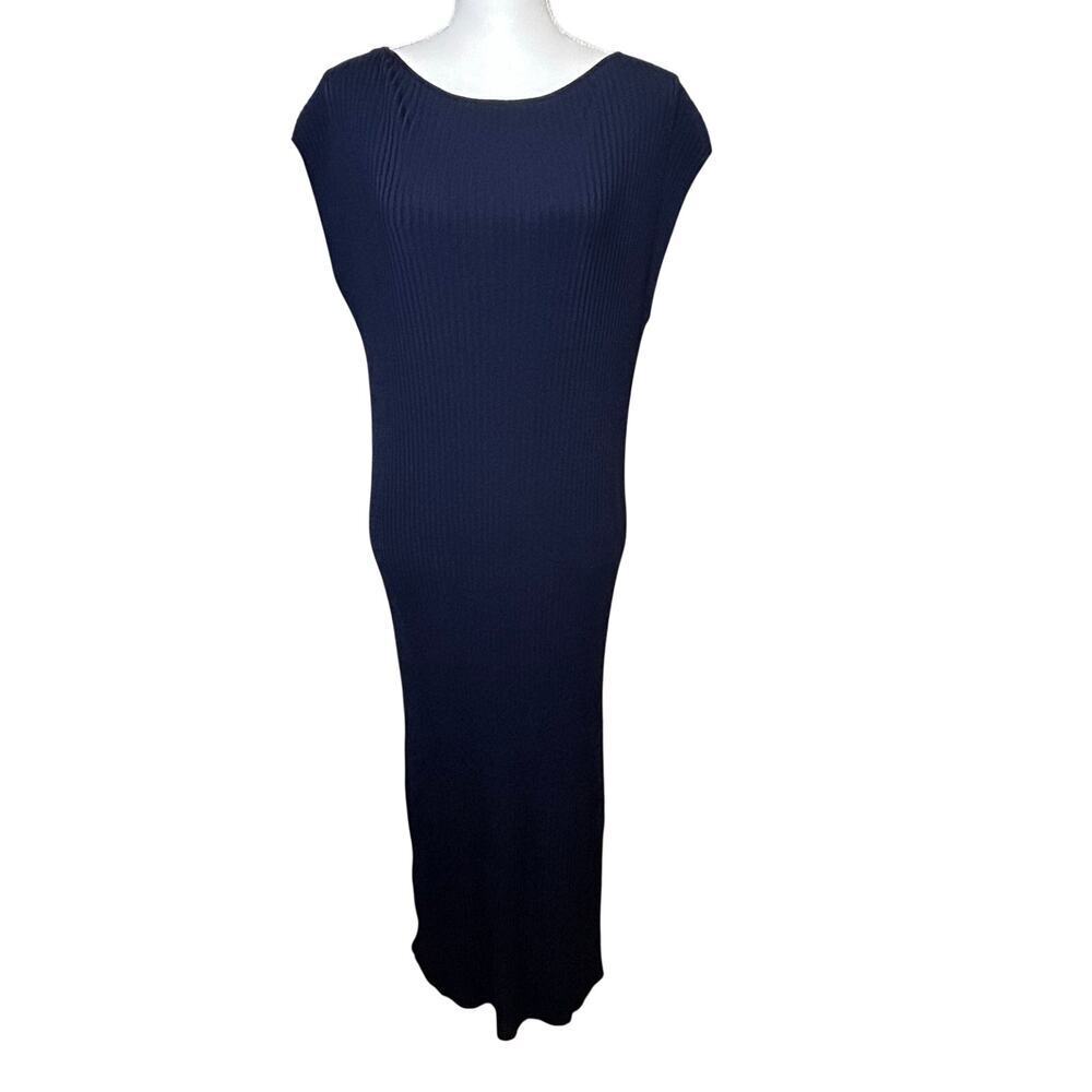 COS navy rib knit cap sleeve midi shift stretch dress size M